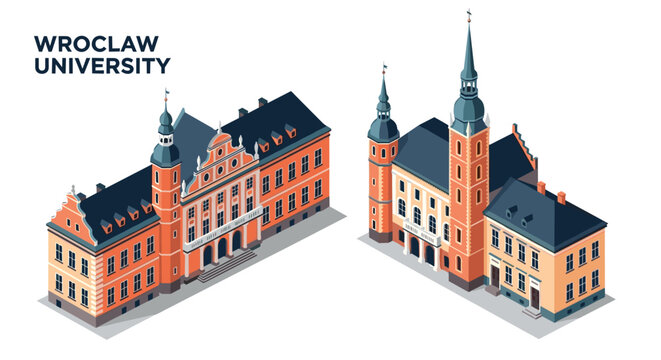Isometric architectural design of historic wroclaw university buildings