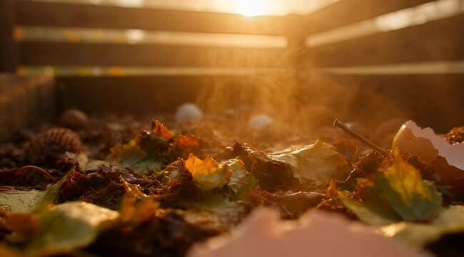 Detailed view inside a compost bin with decomposing food waste closeup, showing rotting fruit, eggshells, and steam rising in warm sunset light.