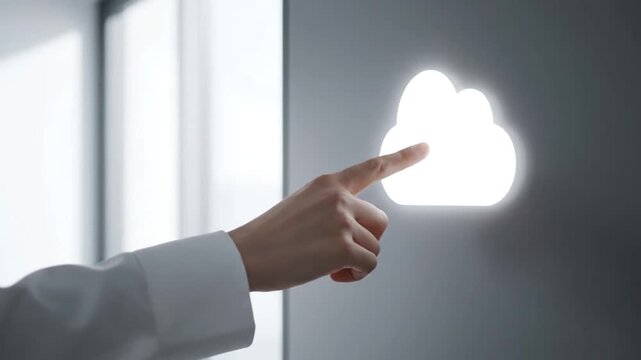 Hand Touching Virtual Cloud Icon on Wall.