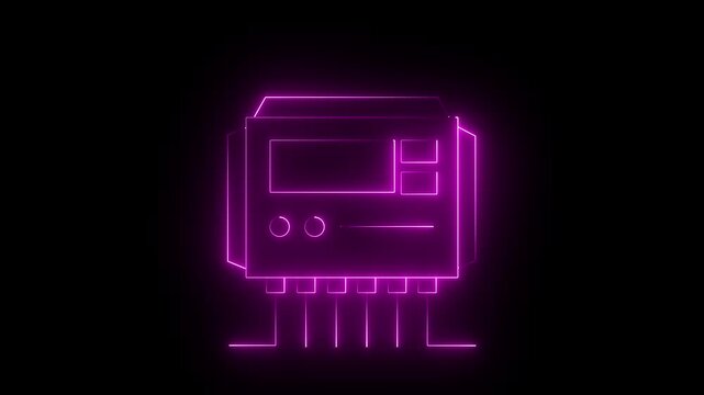 Neon glowing violet color Solar charge controller icon animation. 4k motion graphics