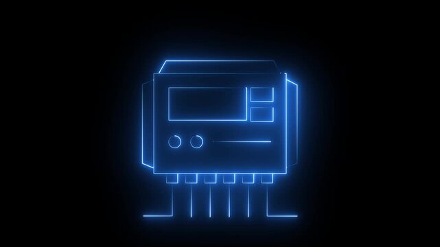Neon glowing blue color Solar charge controller icon animation. 4k motion graphics