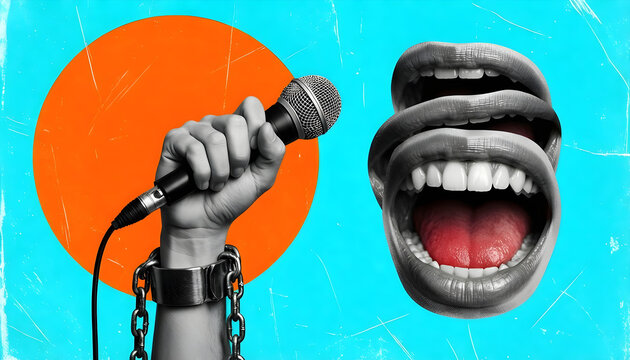 Chained hand holding microphone with open mouths on blue background, concept of free speech