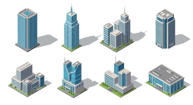 Modern isometric skyscrapers and buildings set for urban planning and architecture design