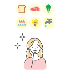 食費と水道光熱費について喜ぶ主婦のイラスト素材