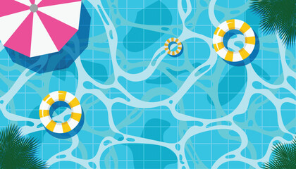 Top view swimming pool scene with inflatable float rings and a sun umbrella. Summer vacation, relaxation, and leisure concept in flat vector illustration.