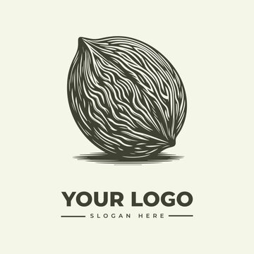 A vintage engraving style woodcut logo illustration of a walnut with a leaf, presented as a vector icon on a beige background, with space for a slogan.