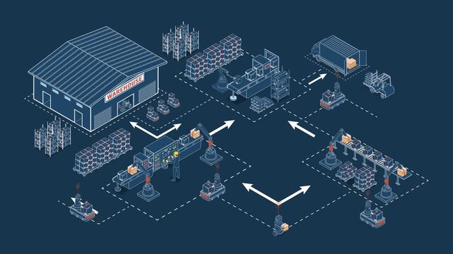 Logistics Warehouse Work Process animation with Transportation operation service, Industrial Internet of Things and Autonomous Robot.