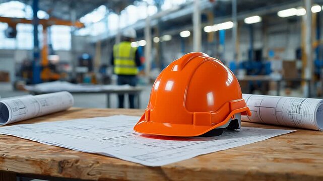 Orange hard hat on blueprints in factory