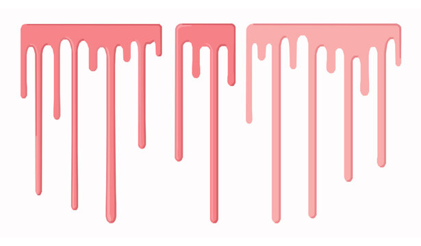 Pink glaze drip vector set strawberry syrup icing drips for cake dessert and ice cream isolated on white background
