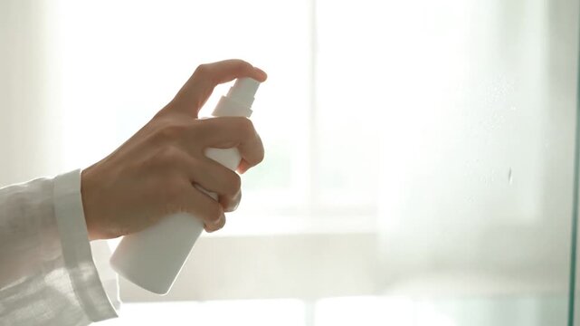 Person Cleaning Window with Spray Bottle.