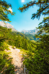 Fototapeta premium Alpine hiking trail from Prijevor in Bosnia to Trnovacko Lake in Montenegro, dramatic Dinaric Alps in Sutjeska park landscapes and crystal clear turquoise water.