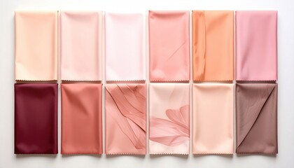 Fototapeta premium Neatly arranged array of folded fabric pieces in various pink and brown hues atop a white surface, clean and organized