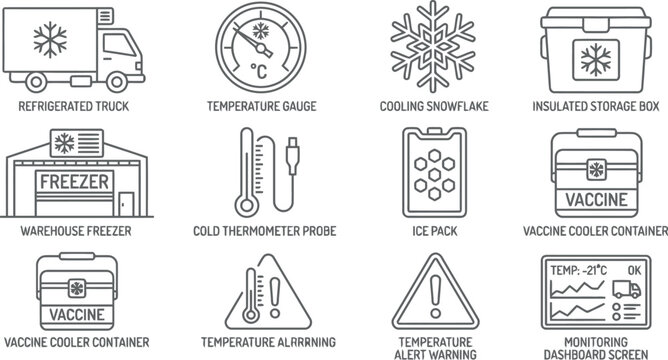 Temperature control icons set, refrigeration truck, vaccine storage, freezer, thermometer