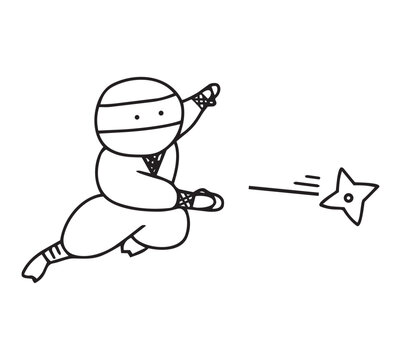 手描きのかわいい忍者の手裏剣を投げるイラスト