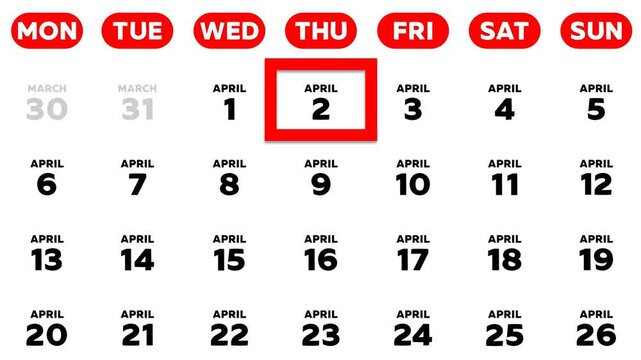 The date April 2nd marked with a red cursor on the wall calendar 2026