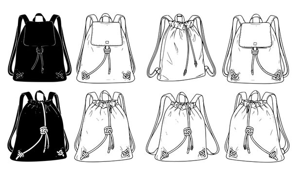Drawstring backpack bag vector set black and white sport sack illustration