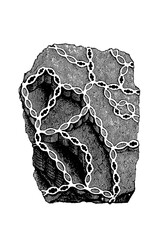 Catenipora escharoides fossil coral (chain coral), stone specimen showing characteristic elliptical corallites arranged in connected chain-like rows, old vintage illustration, 1897. © Timofeeff