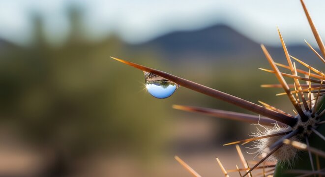 Close-up of Water Droplet on Cactus Thorn in Natural Desert Environment