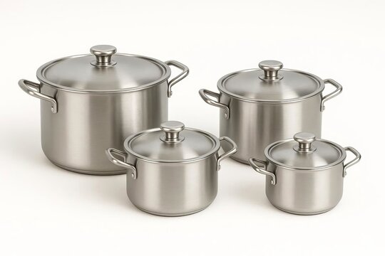 Cooking pots of various sizes are arranged separately on a white background