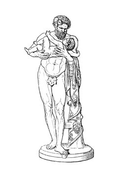 Silenus with the infant Bacchus, bearded man gently holding child, intricate detail, standing on decorated pedestal, old vintage illustration, 1897.
