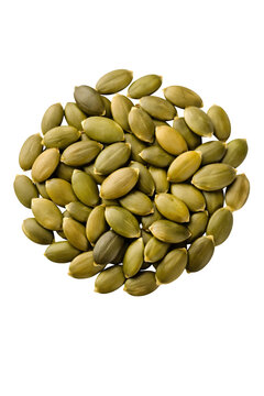 Green Pumpkin Seeds Top View Isolated on White Background, Healthy Organic Pepitas
