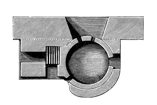 German cupellation hearth for lead refining, cross-section showing shallow elliptical basin with tuyeres and slag notch, old vintage illustration, 1897.