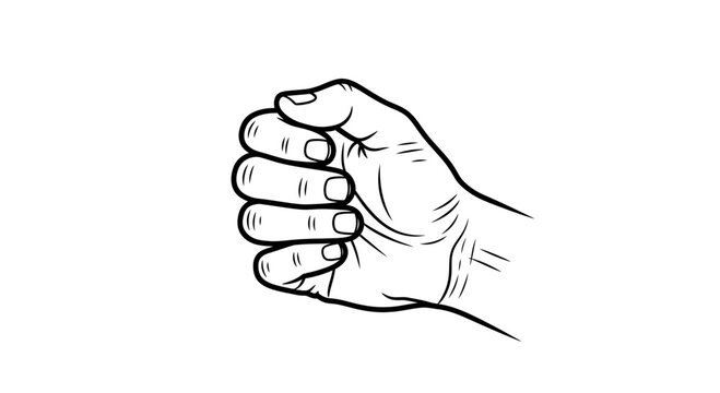 Monochrome vector drawing depicting a human hand tightly clenched into a powerful fist isolated on