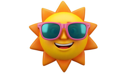 Fototapeta premium Happy cartoon sun wearing pink sunglasses, smiling brightly on a white background