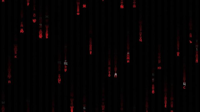 Red Russian Matrix Digital Rain Code Background, Cyber Warfare Red Cyrillic Data Stream System Alert, Russian Hacker Screen Red Matrix Falling Code Animation