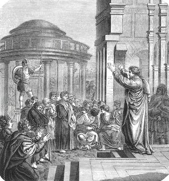 Apostle Paul in Athens, public speaker addressing a crowd in a classical city with a round temple background, old vintage illustration, 1880.