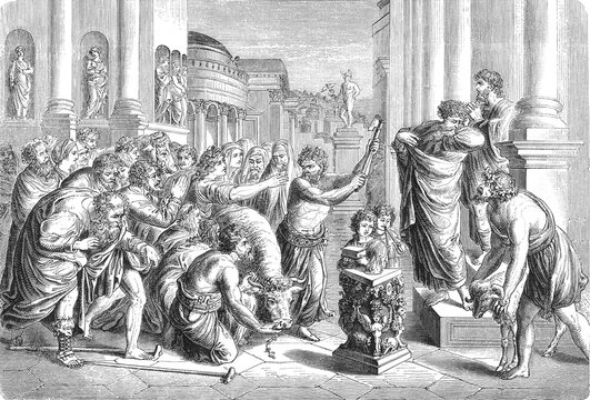Paul and Barnabas in Lystra, ancient ritual with figures gathering around temple offering sacrifices, classical columns and statues, old vintage illustration, 1880.