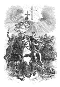 Roman warriors on horseback, radiant cross overhead symbolizing divine intervention, Latin text on flowing banner, old vintage illustration, 1880.