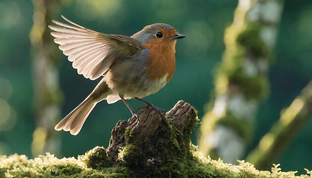 European robin bird flying from mossy log in lush green forest nature scene