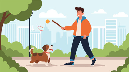 Fototapeta premium Happy man enjoying some outdoor leisure time by playing with his dog and throwing a stick in a sunny city park.