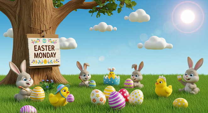 Celebrating easter monday with joyful bunnies and colorful eggs