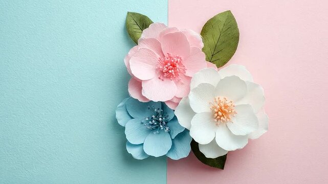 Delicate paper flowers in pastel colors arranged on a split background