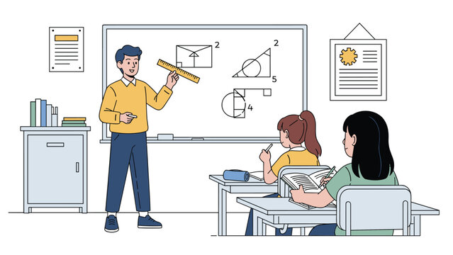 Math teacher explaining geometric formulas on a whiteboard to students in a school classroom setting with modern office furniture.