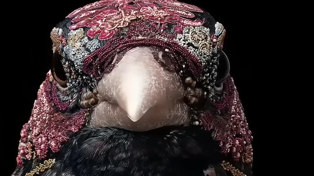 Intricate avian artwork: a close-up examination of delicate beadwork on a bird's head showcasing creative artistry