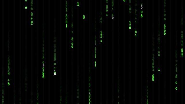 Green Binary Code Matrix Digital Rain Background, Falling Green Binary Data Stream Hacker Screen Concept, Retro Tech Glowing Binary Numbers Digital Code Flow, Zero and One Matrix Animation