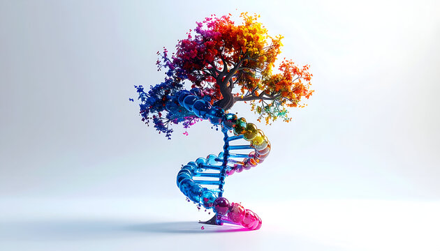 Colorful DNA Helix Ascending into Tree of Life on White Background for Scientific Concepts