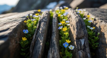 Fototapeta premium Close-up of Wildflowers Growing Between Weathered Wooden Planks on a Rustic Path