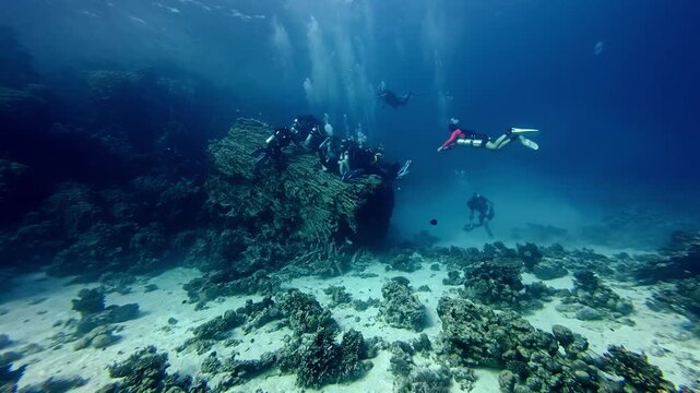 Group of adventurous scuba divers explore a vibrant coral reef in the Red Sea during a clear summer day featuring deep blue water and bright white sand from a wide underwater low angle perspective