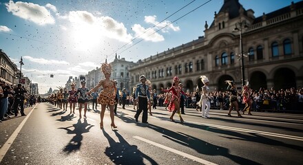 A vibrant street parade with costumed performers, confetti, and spectators fills a sunlit avenue beside classical buildings
