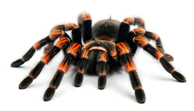 Close-up studio shot of a Mexican redknee tarantula on a clean white background