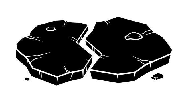 Abstract black fragmented shapes with white cracks symbolizing division or rupture on a stark