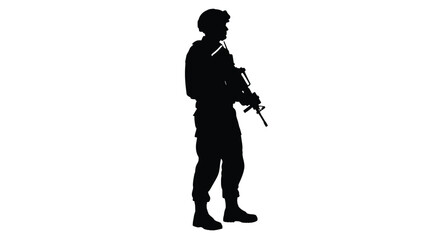 Obraz premium Silhouette of a soldier standing with a rifle against a white background
