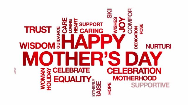Happy Mother's Day concept Animated Tag Word Cloud kinetic typography, Text Design Animation typography seamless loop video motion graphics Intro Wordart red type on white background bg backdrop