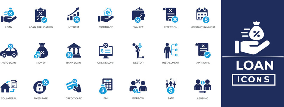 
Loan icon set with credit score, lending, interest rate, borrowing, EMI, approval, document, and finance. Solid icon collection.