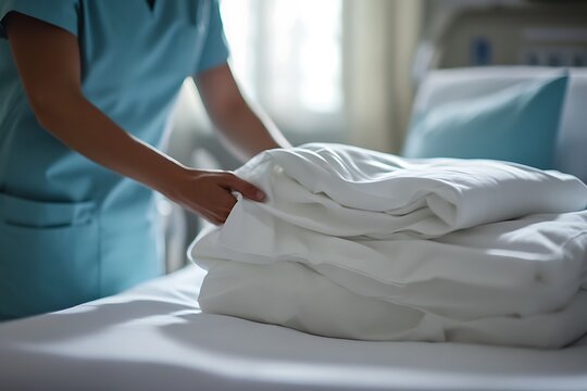 Healthcare worker carefully folding clean linens in a well-lit hospital room