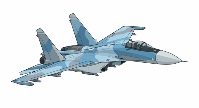 A blue fighter jet flies through a clear sky with its engines roaring.